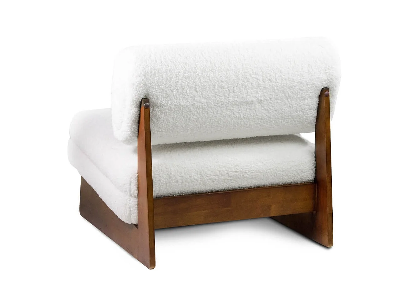 Fauteuil design en laine à bouclettes blanc cassé et bois de pin marron Orika