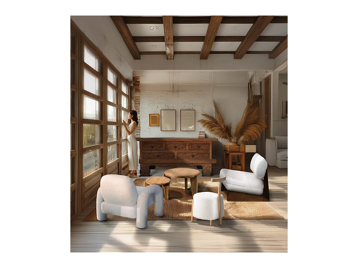 Fauteuil design en laine à bouclettes blanc cassé et bois de pin marron Orika