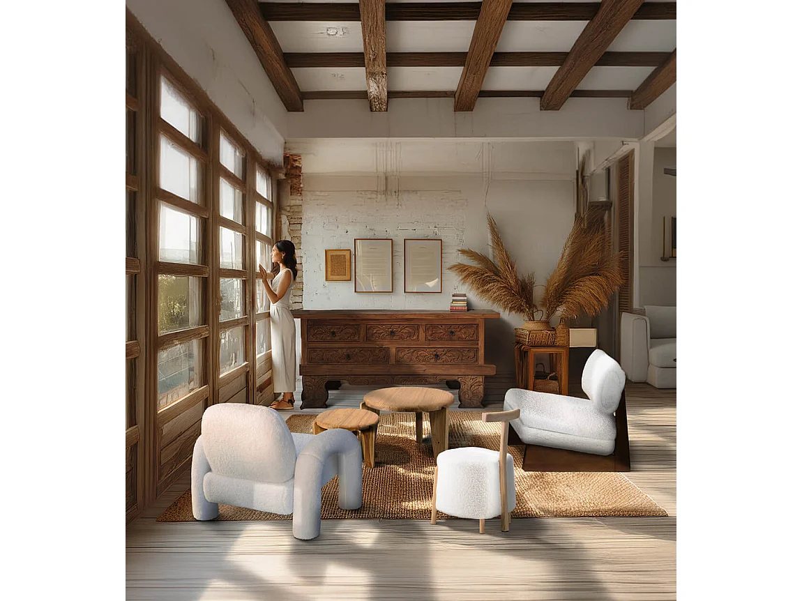 Fauteuil design en laine à bouclettes blanc cassé et bois de pin marron Orika