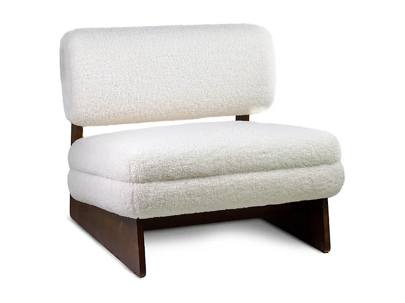 Fauteuil design en laine à bouclettes blanc cassé et bois de pin marron Orika