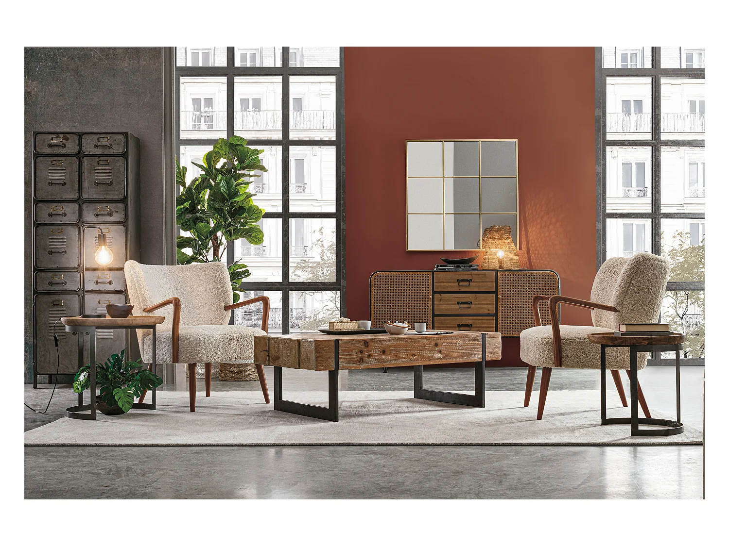 Fauteuil tissu crème effet laine et bois de hévéa Ritaz