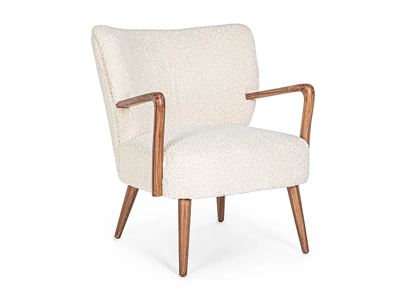 Fauteuil tissu crème effet laine et bois de hévéa Ritaz