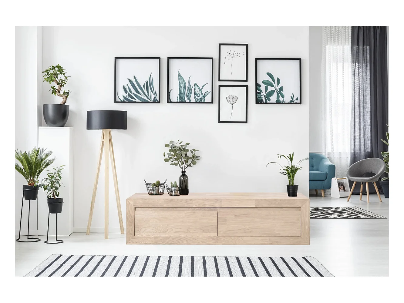 Meuble TV suspendu en chêne massif blanchi Venida 100cm