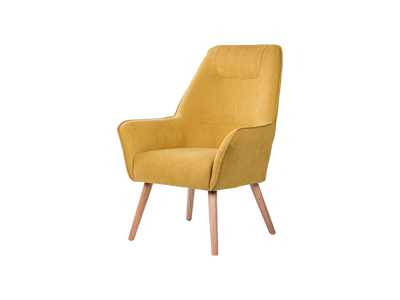 Fauteuil velours avec pieds légèrement en bois naturel Baky-Jaune curry