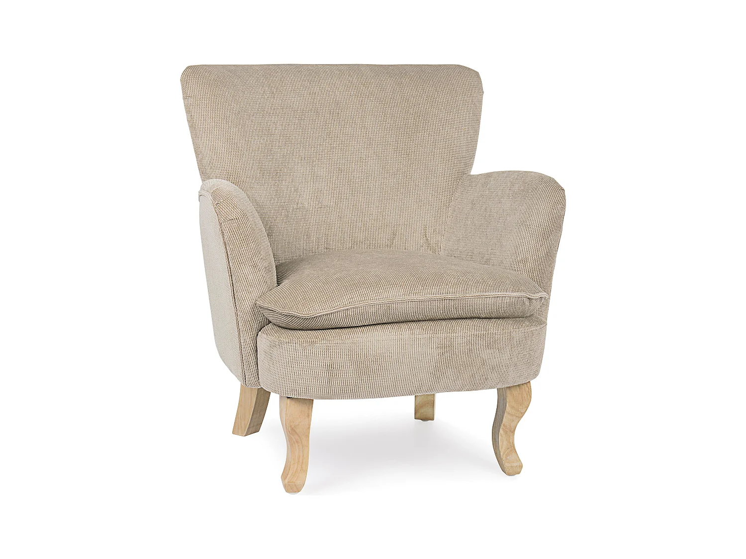 Fauteuil tissu doux tourterelle et pieds en bois de sapin Kania 72cm