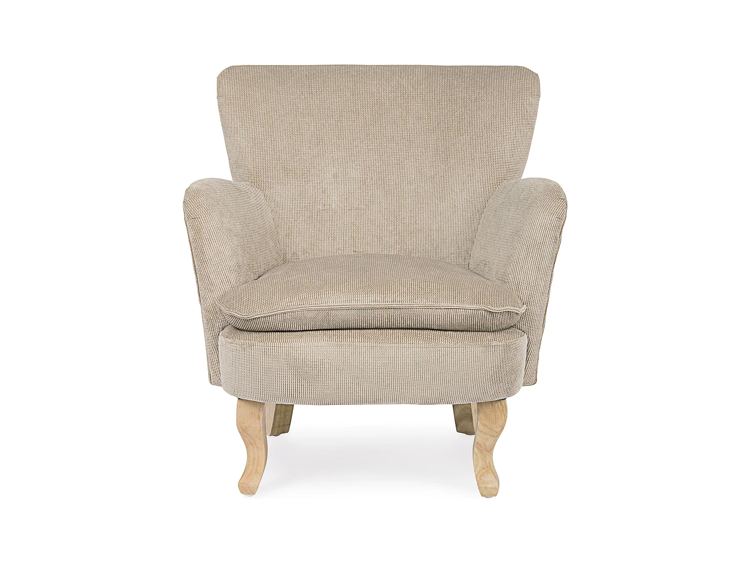 Fauteuil tissu doux tourterelle et pieds en bois de sapin Kania 72cm