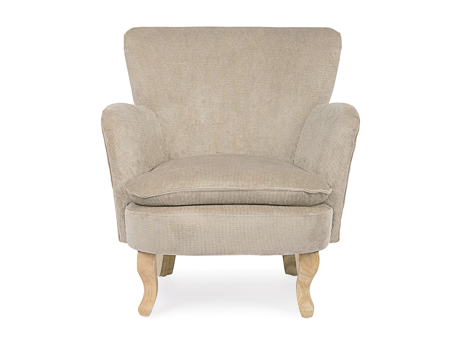 Fauteuil tissu doux tourterelle et pieds en bois de sapin Kania 72cm