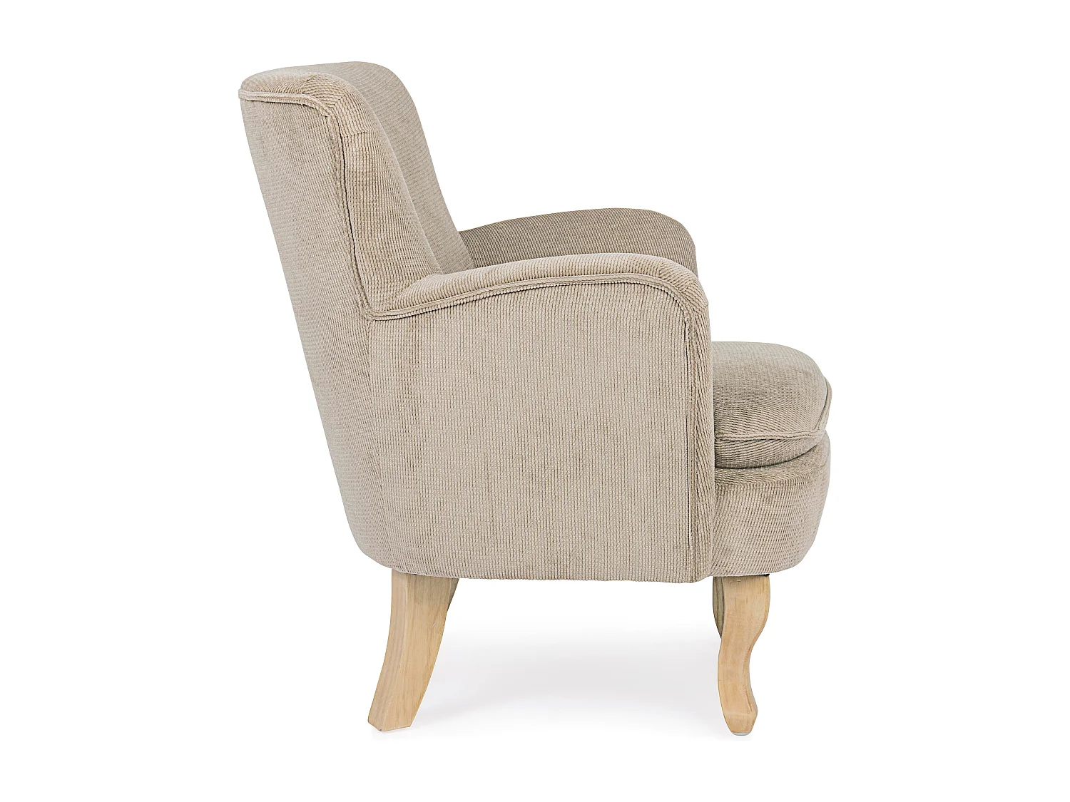 Fauteuil tissu doux tourterelle et pieds en bois de sapin Kania 72cm