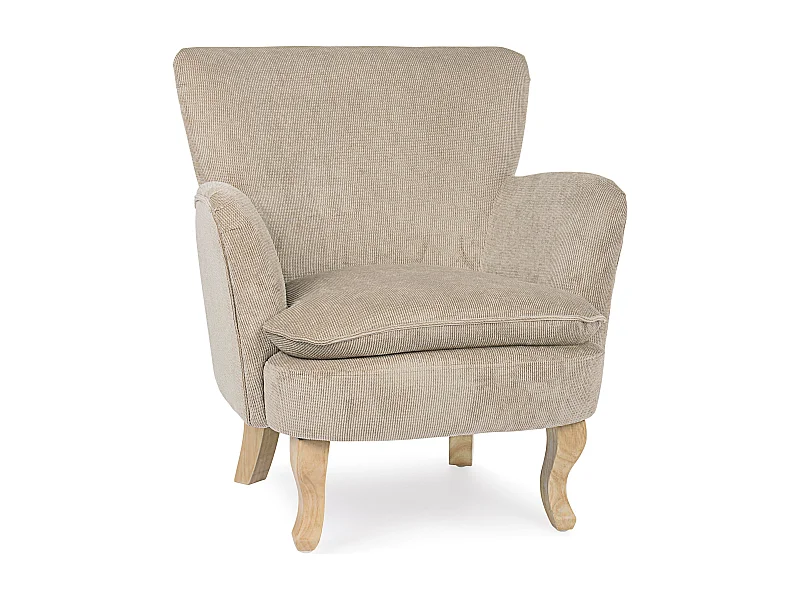 Fauteuil tissu doux tourterelle et pieds en bois de sapin Kania 72cm