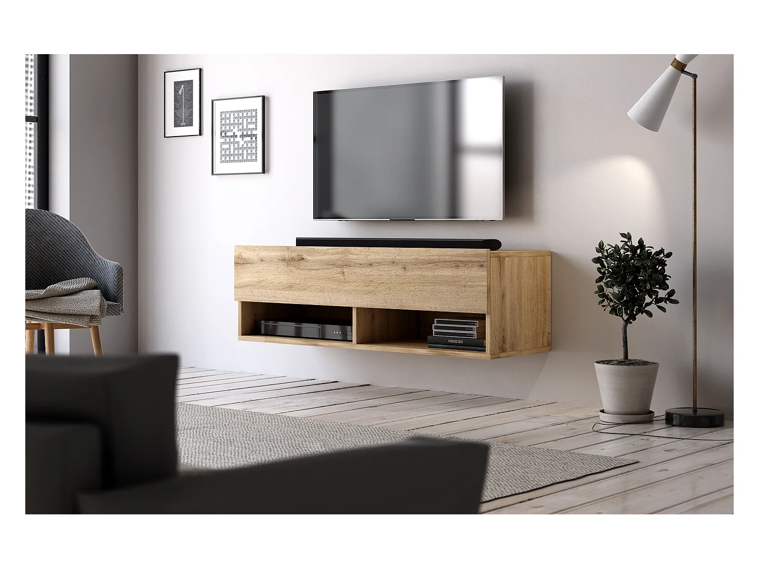 Meuble TV suspendu 1 porte bois clair Kestane 100cm