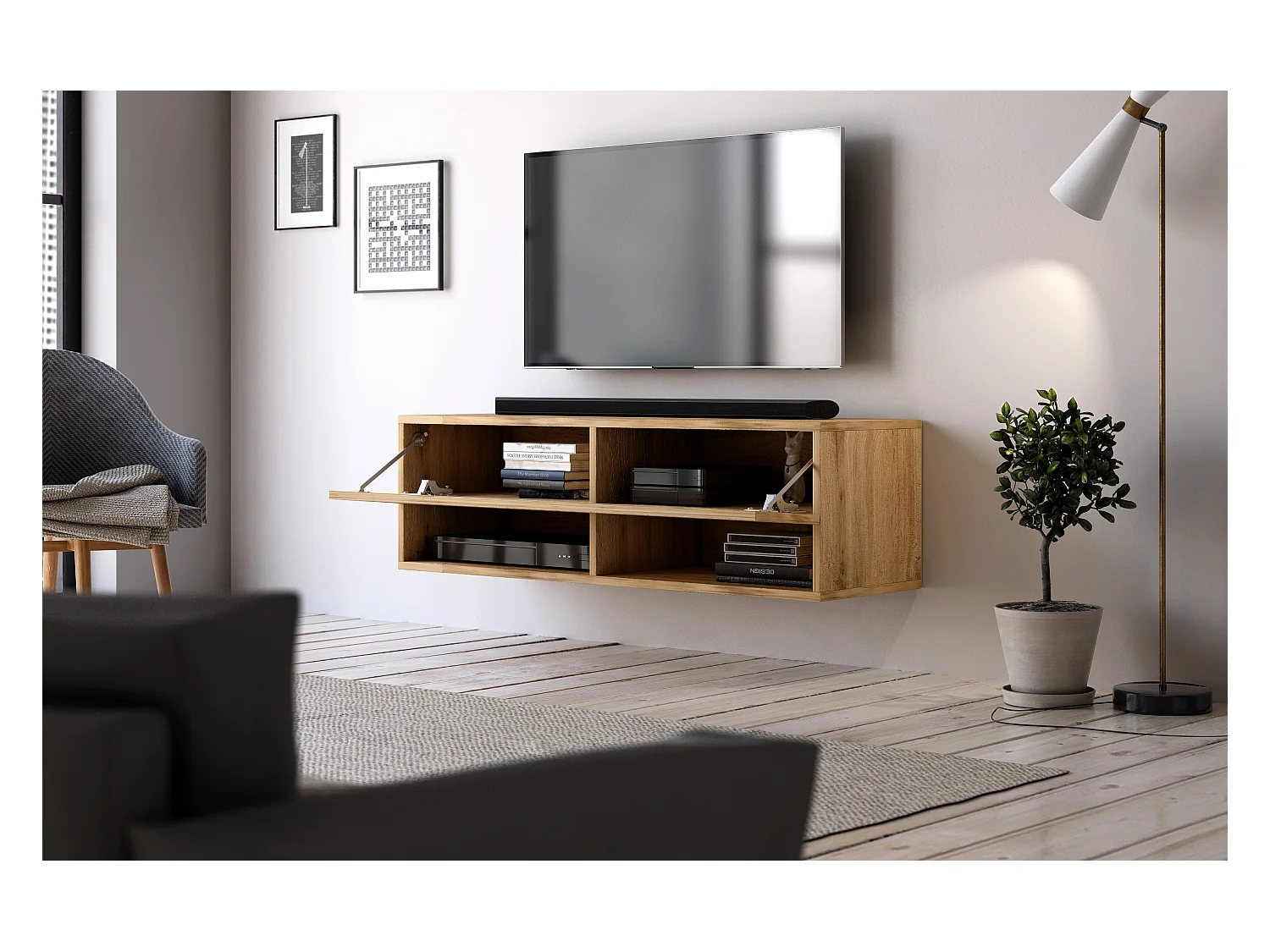 Meuble TV suspendu 1 porte bois clair Kestane 100cm