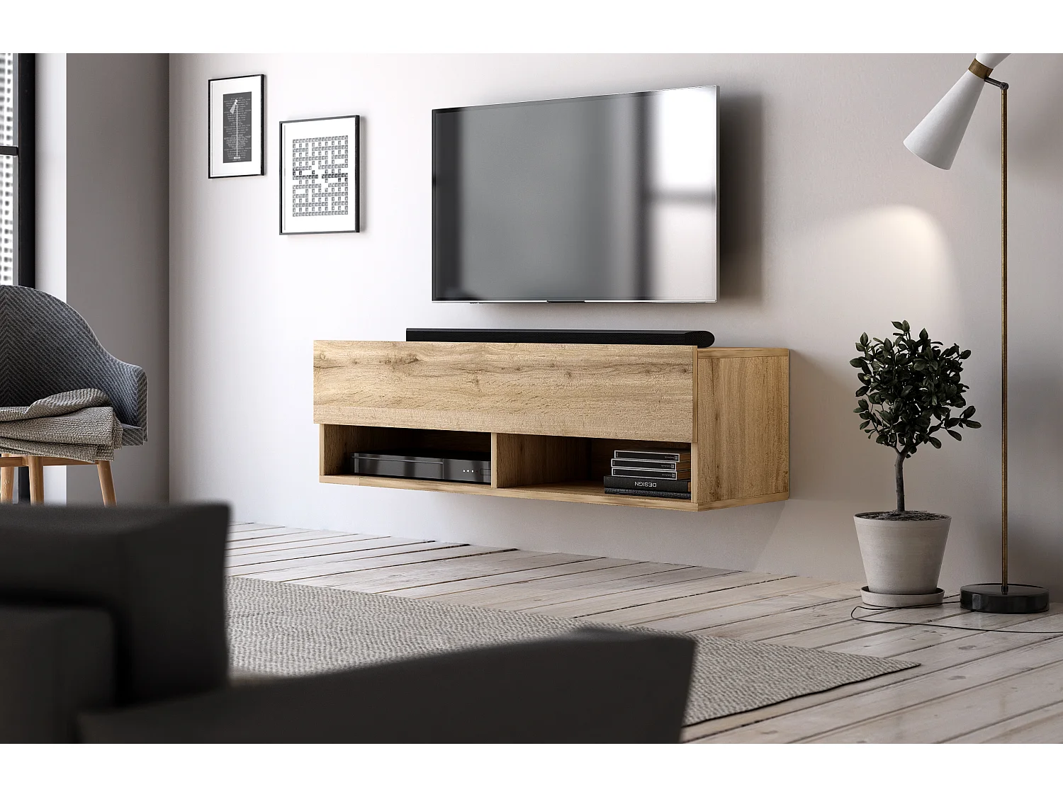 Meuble TV suspendu 1 porte bois clair Kestane 100cm