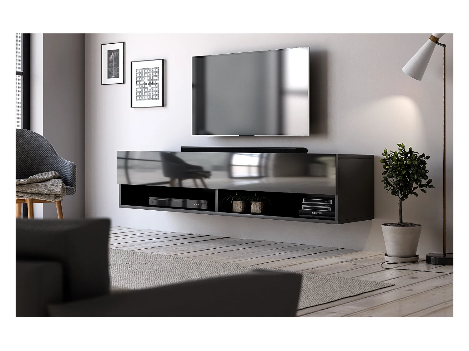 Meuble TV suspendu 1 porte noir Kestane 140cm