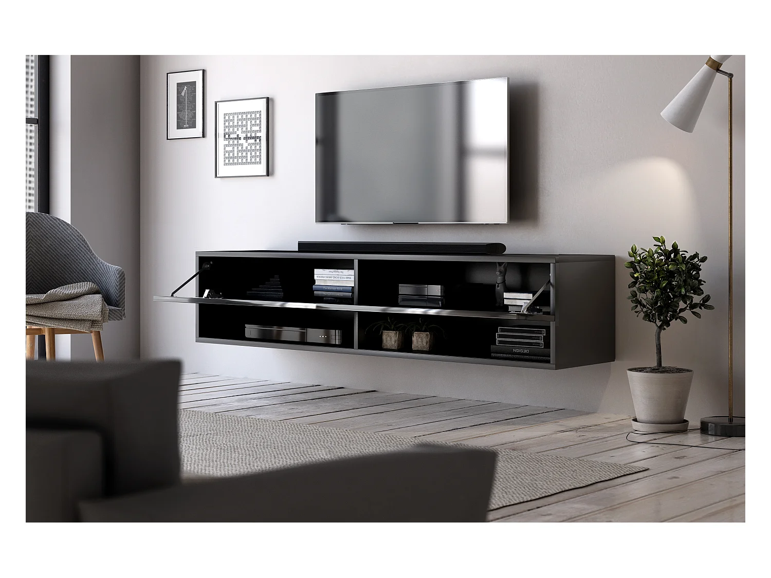 Meuble TV suspendu 1 porte noir Kestane 140cm