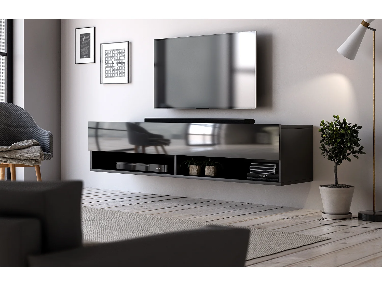 Meuble TV suspendu 1 porte noir Kestane 140cm