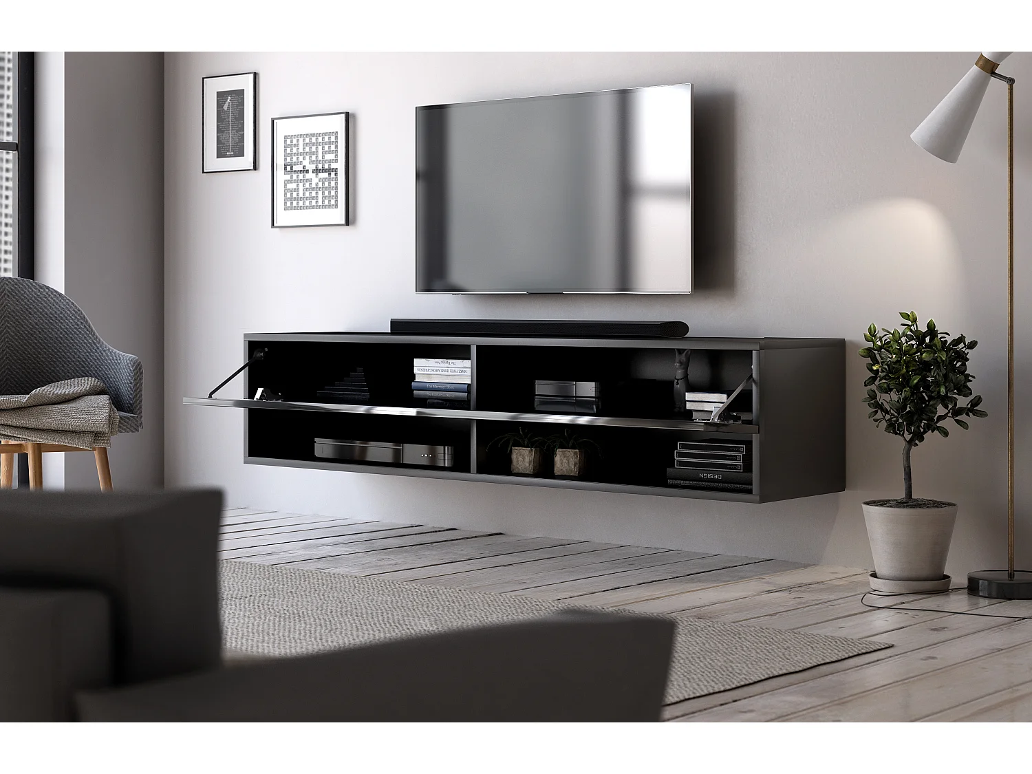 Meuble TV suspendu 1 porte noir Kestane 140cm
