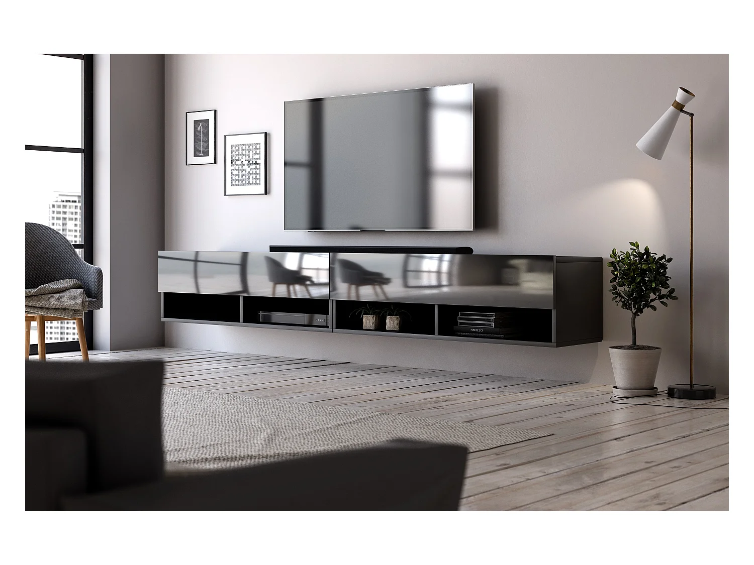 Grand meuble TV suspendu 2 portes bois noir Kestane 200cm