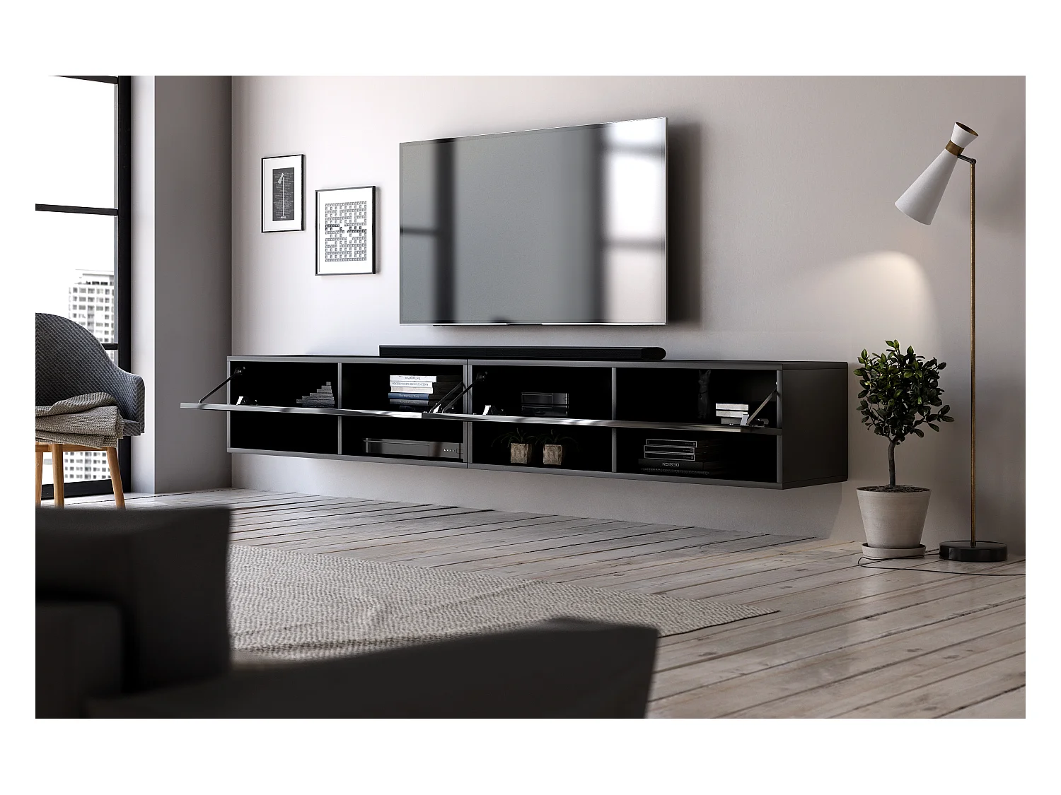 Grand meuble TV suspendu 2 portes bois noir Kestane 200cm