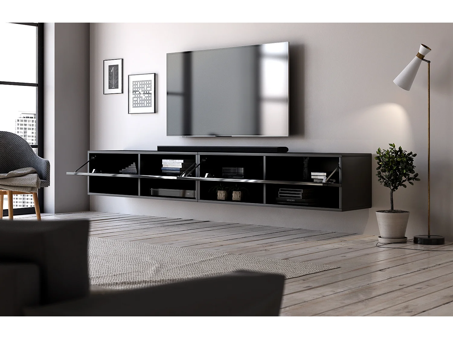 Grand meuble TV suspendu 2 portes bois noir Kestane 200cm