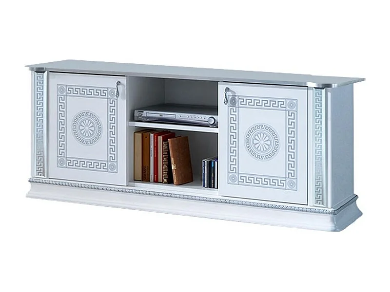 Meuble TV 2 portes 1 niche bois vernis laqué brillant blanc et gris Venus 154