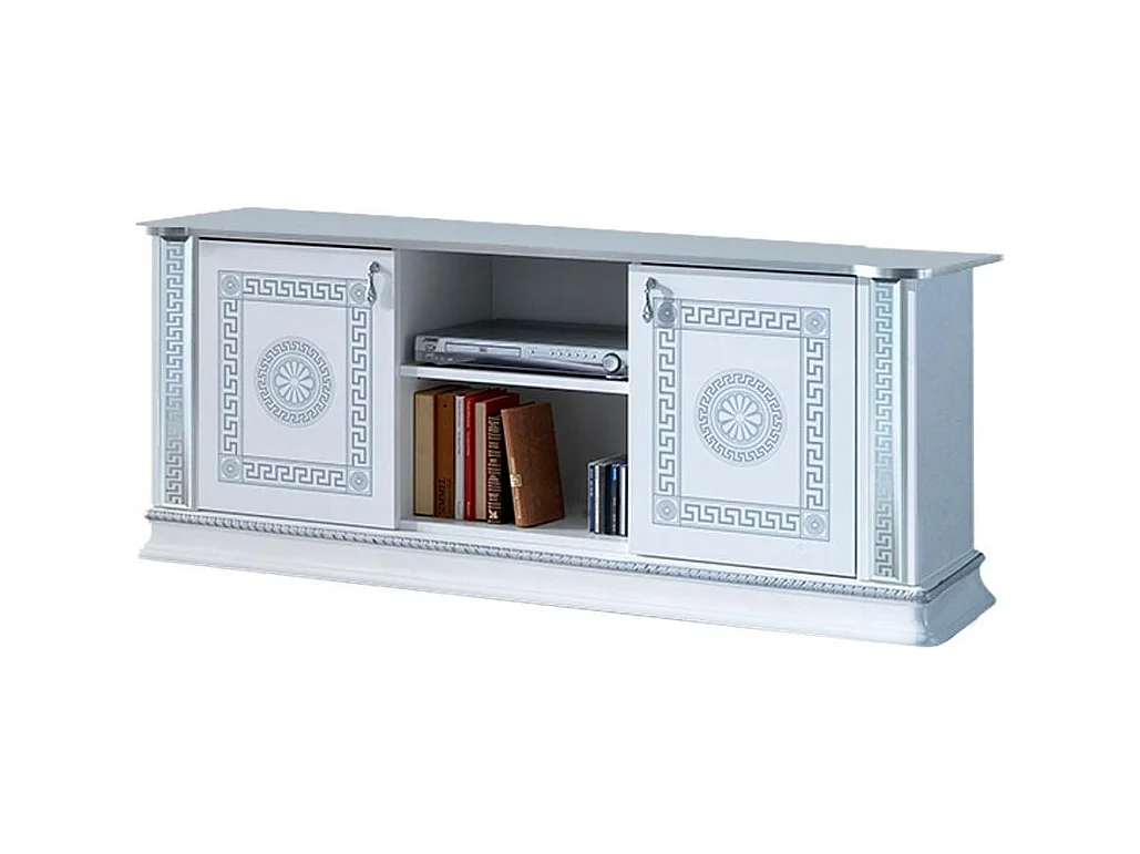 Meuble TV 2 portes 1 niche bois vernis laqué brillant blanc et gris Venus 154