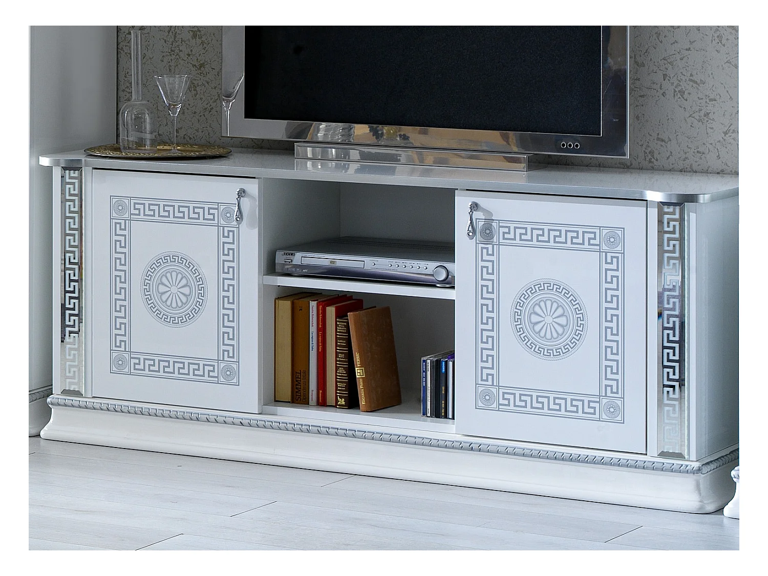 Meuble TV 2 portes 1 niche bois vernis laqué brillant blanc et gris Venus 154