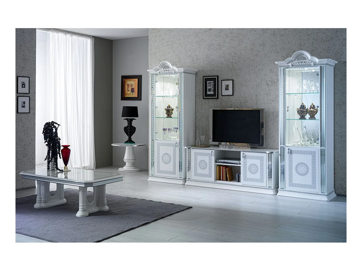 Meuble TV 2 portes 1 niche bois vernis laqué brillant blanc et gris Venus 154