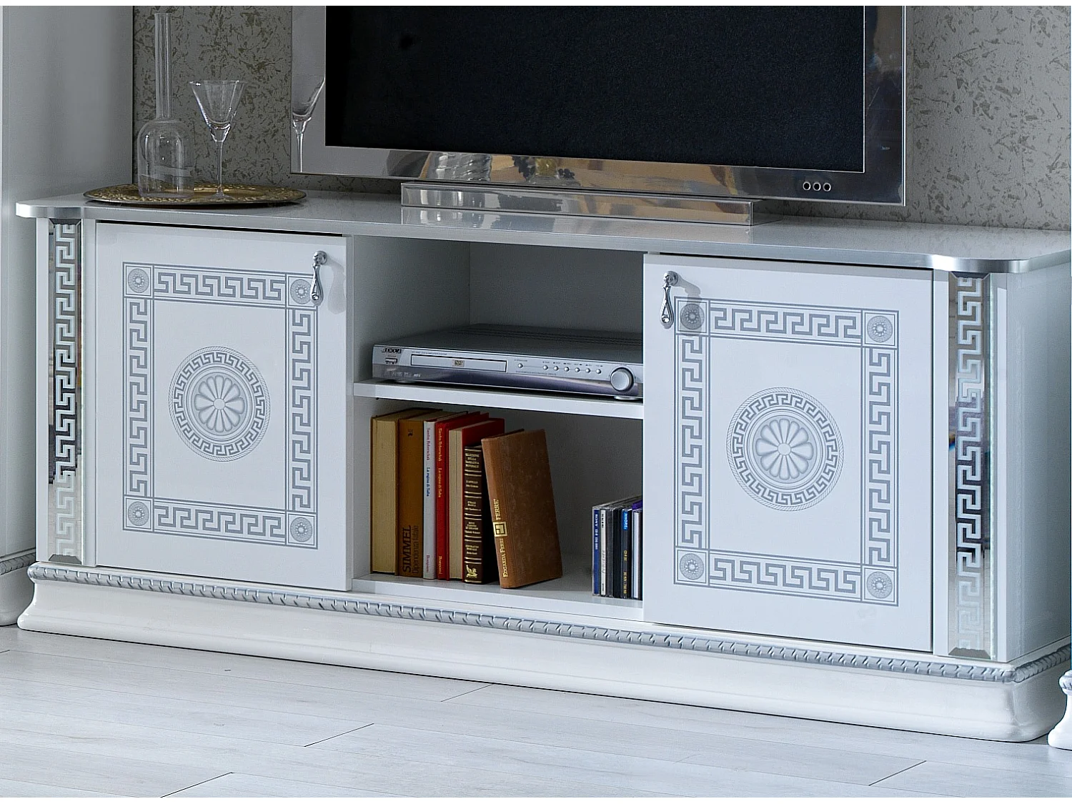 Meuble TV 2 portes 1 niche bois vernis laqué brillant blanc et gris Venus 154