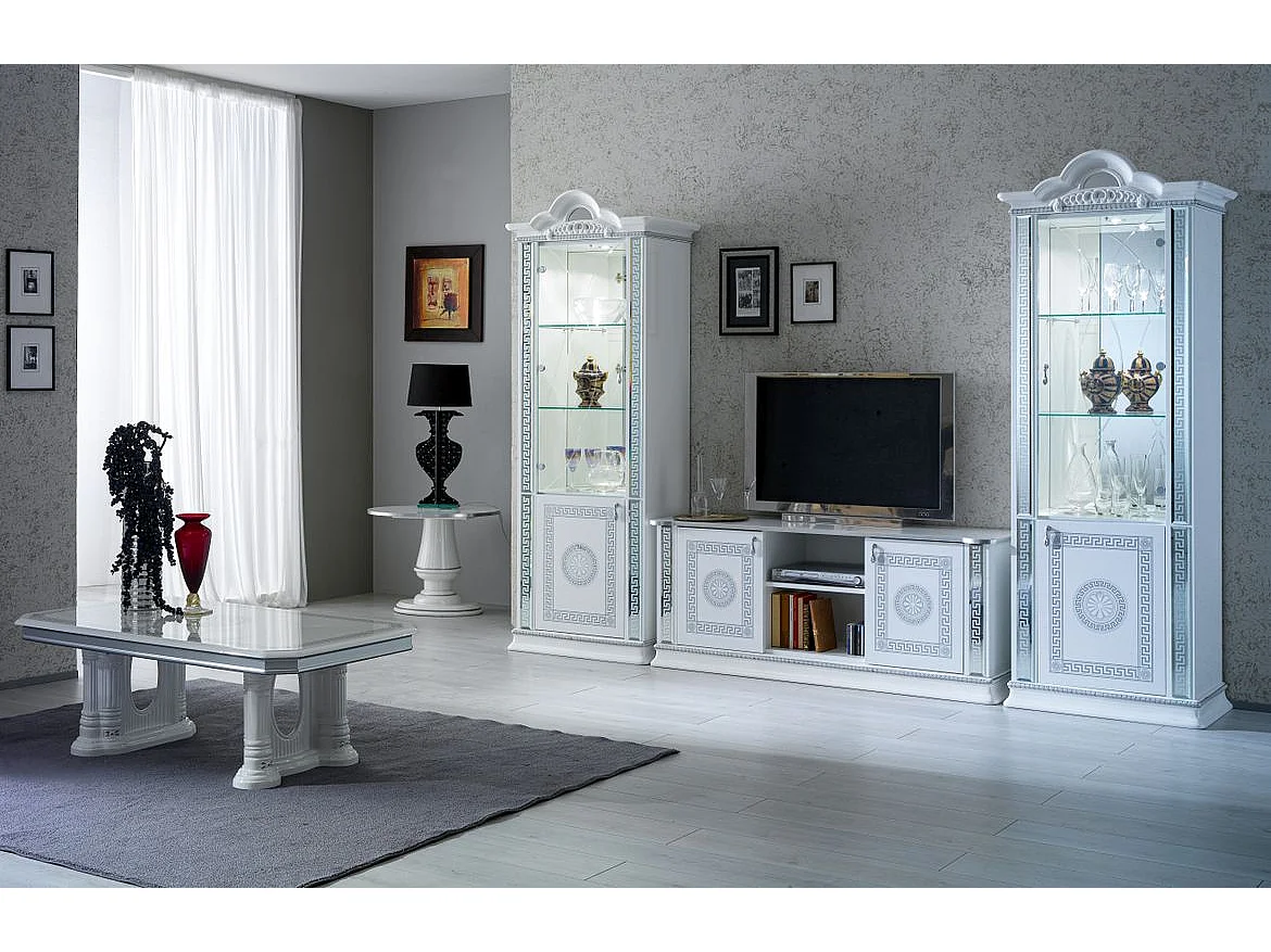 Meuble TV 2 portes 1 niche bois vernis laqué brillant blanc et gris Venus 154