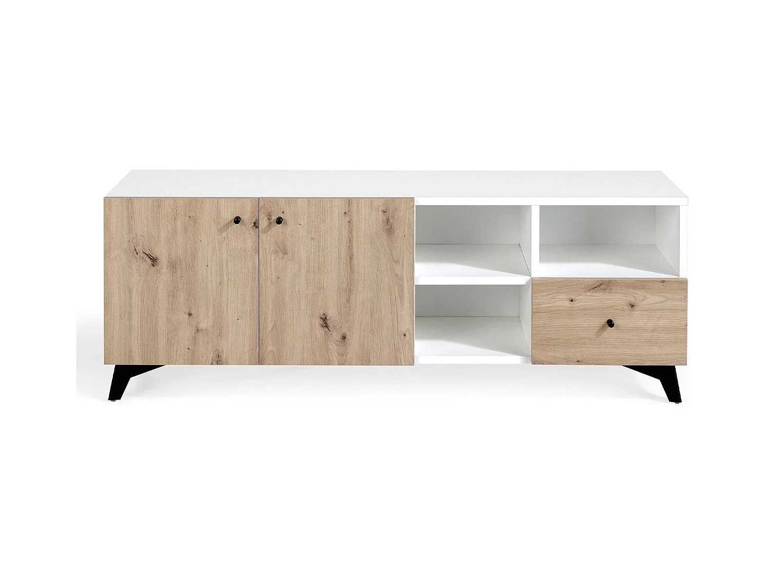 Meuble TV 2 portes 3 niches 1 tiroir en bois chêne clair et bois blanc Lazeto 140cm