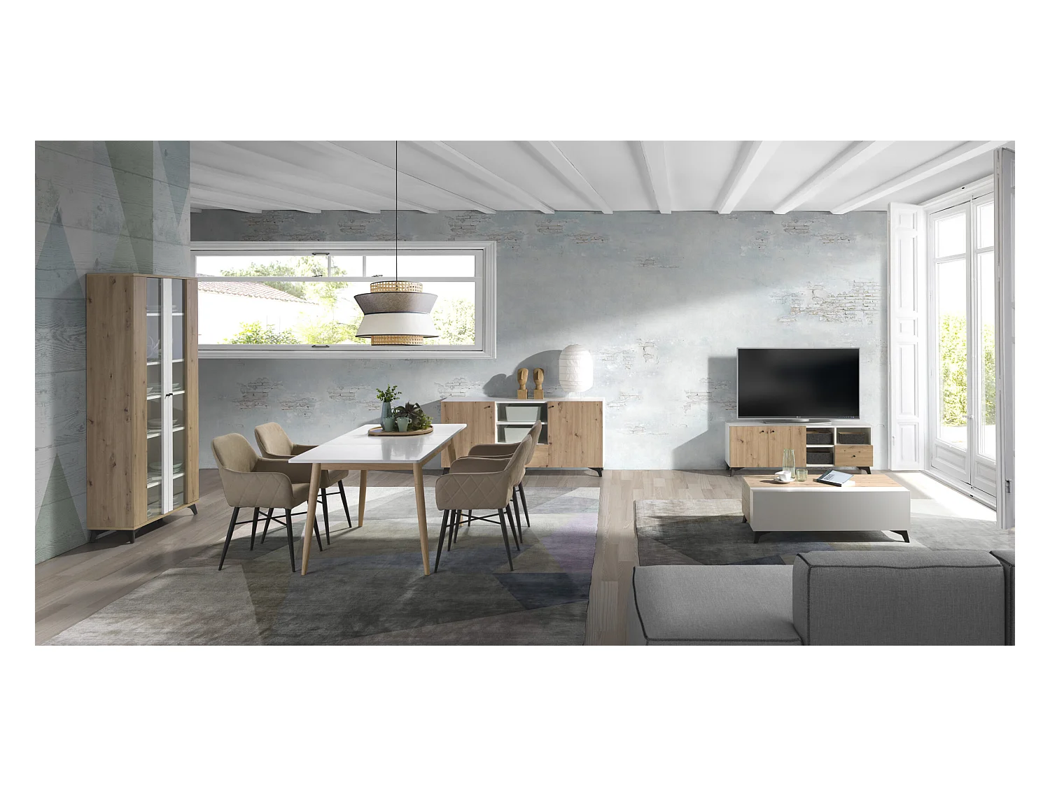 Meuble TV 2 portes 3 niches 1 tiroir en bois chêne clair et bois blanc Lazeto 140cm