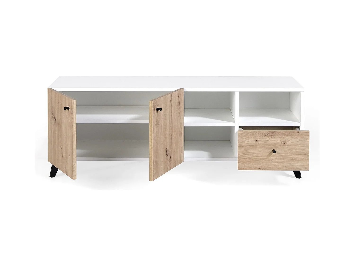 Meuble TV 2 portes 3 niches 1 tiroir en bois chêne clair et bois blanc Lazeto 140cm