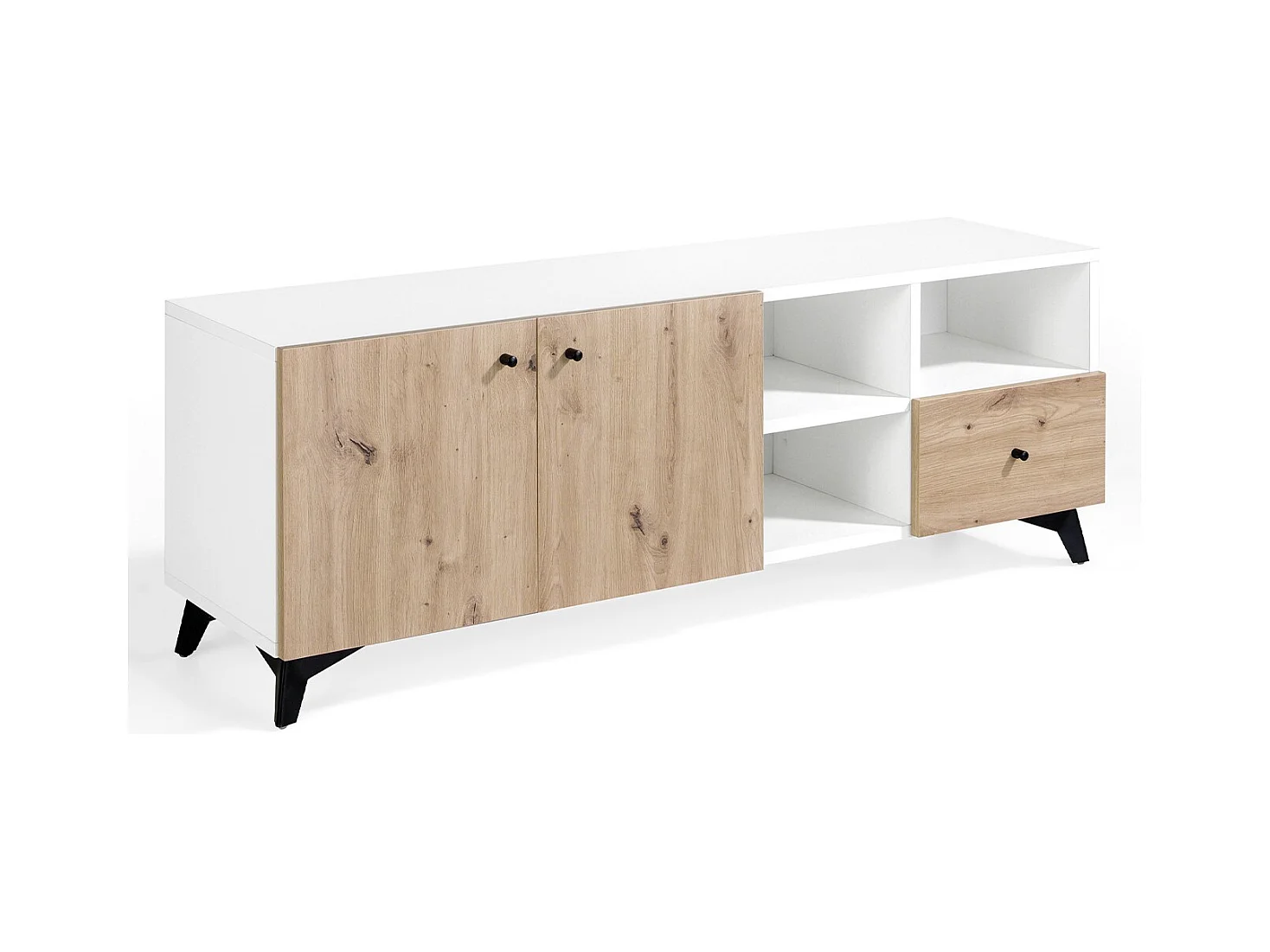 Meuble TV 2 portes 3 niches 1 tiroir en bois chêne clair et bois blanc Lazeto 140cm