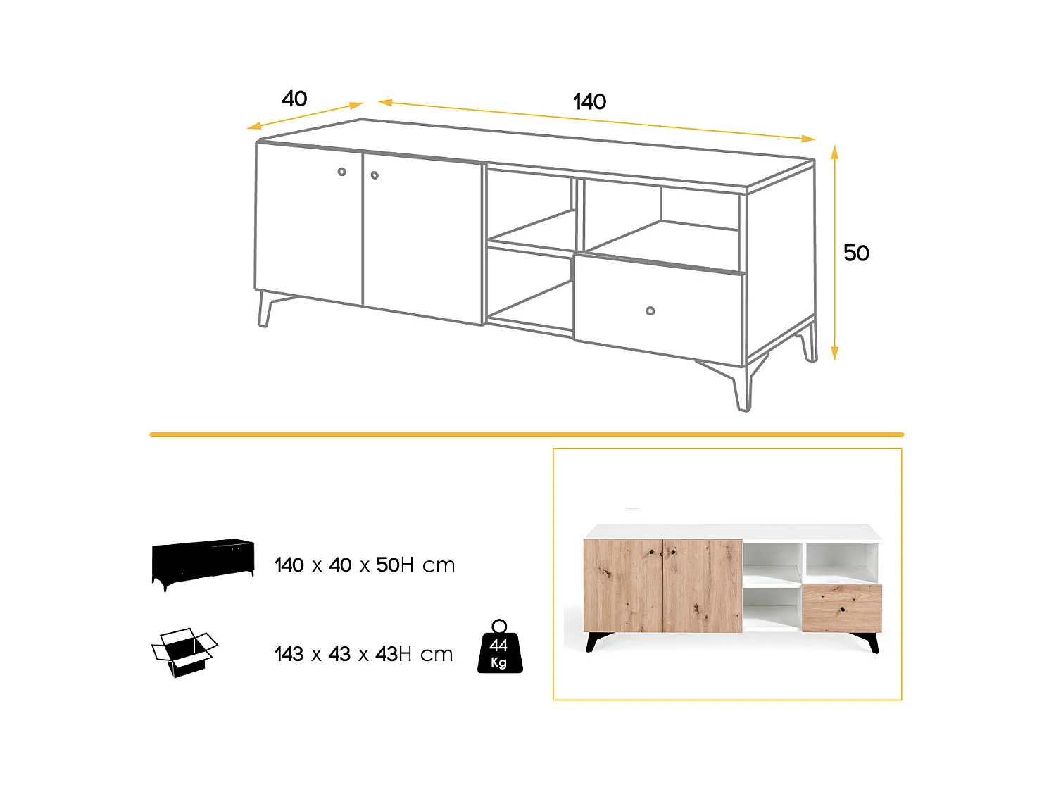 Meuble TV 2 portes 3 niches 1 tiroir en bois chêne clair et bois blanc Lazeto 140cm