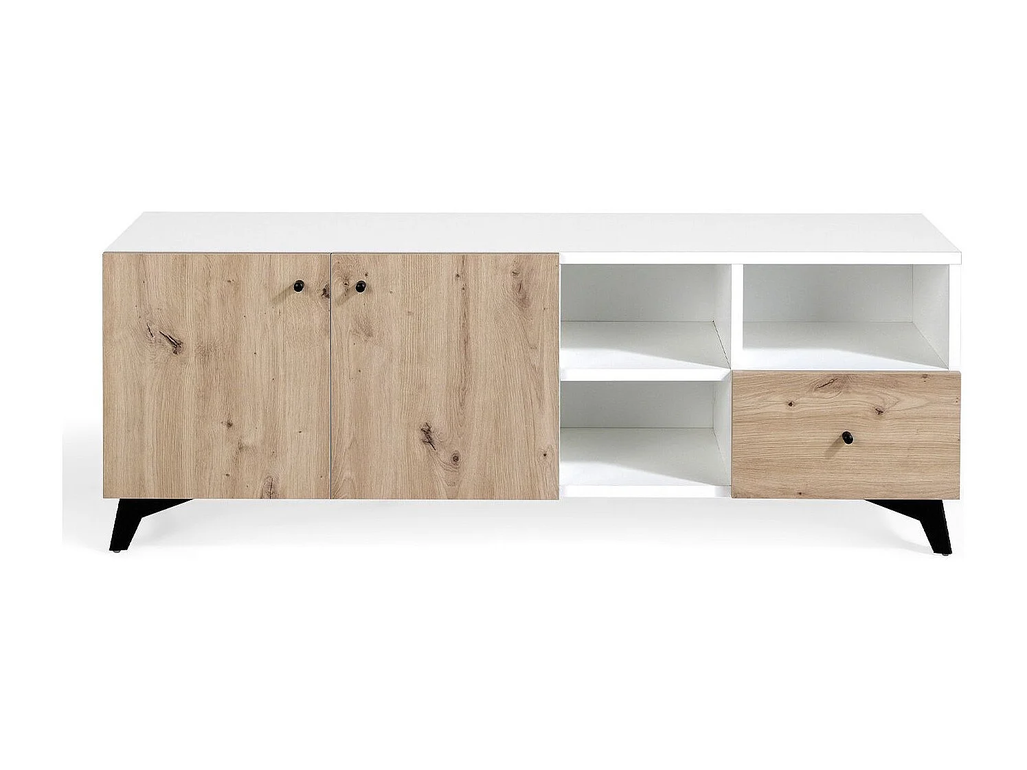Mueble TV Lazeto 2 puertas 3 nichos 1 cajón en roble claro y madera blanca 140 cm