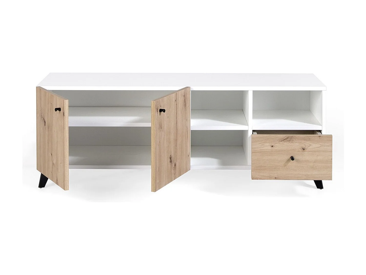 Mueble TV Lazeto 2 puertas 3 nichos 1 cajón en roble claro y madera blanca 140 cm