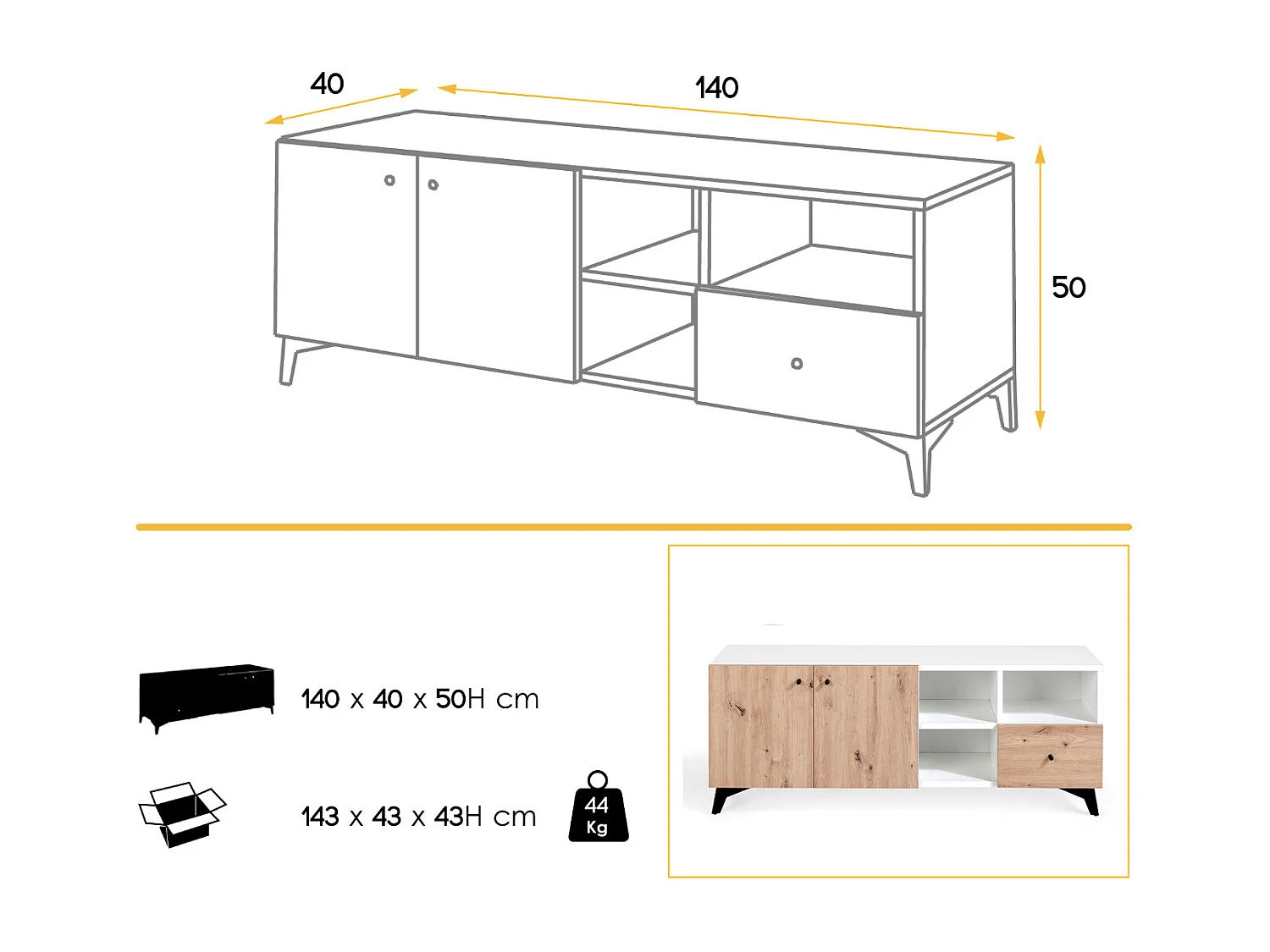 Mueble TV Lazeto 2 puertas 3 nichos 1 cajón en roble claro y madera blanca 140 cm
