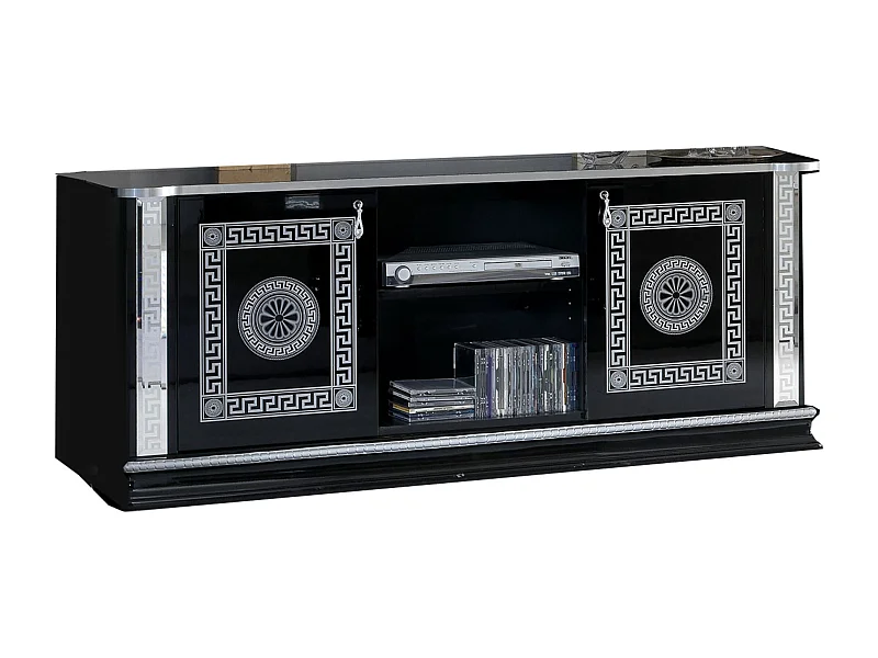 Meuble TV 2 portes 2 niches bois vernis laqué brillant noir et gris Venus 154cm