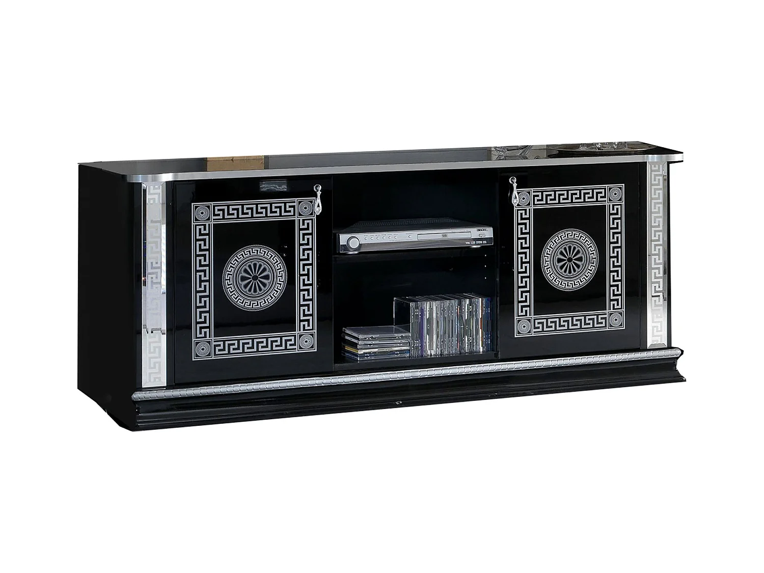 Meuble TV 2 portes 2 niches bois vernis laqué brillant noir et gris Venus 154cm