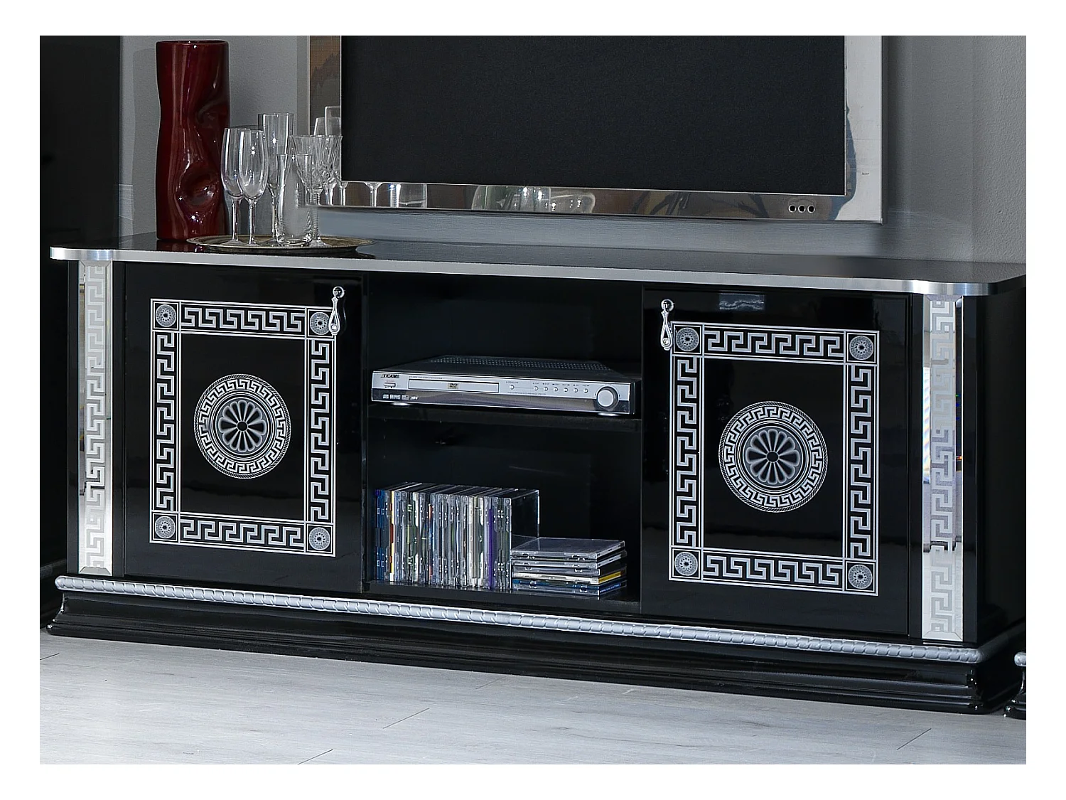 Meuble TV 2 portes 2 niches bois vernis laqué brillant noir et gris Venus 154cm
