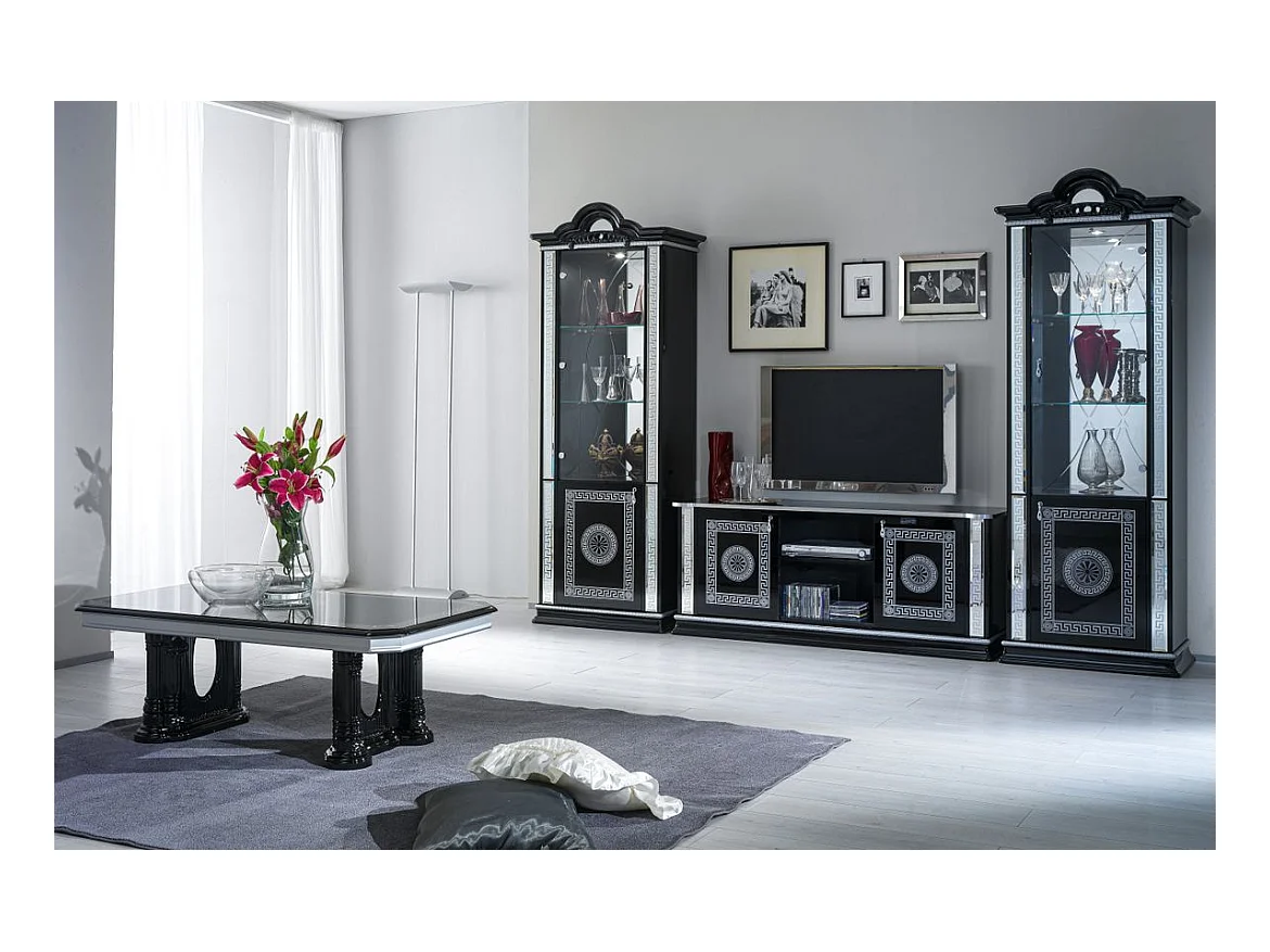 Meuble TV 2 portes 2 niches bois vernis laqué brillant noir et gris Venus 154cm