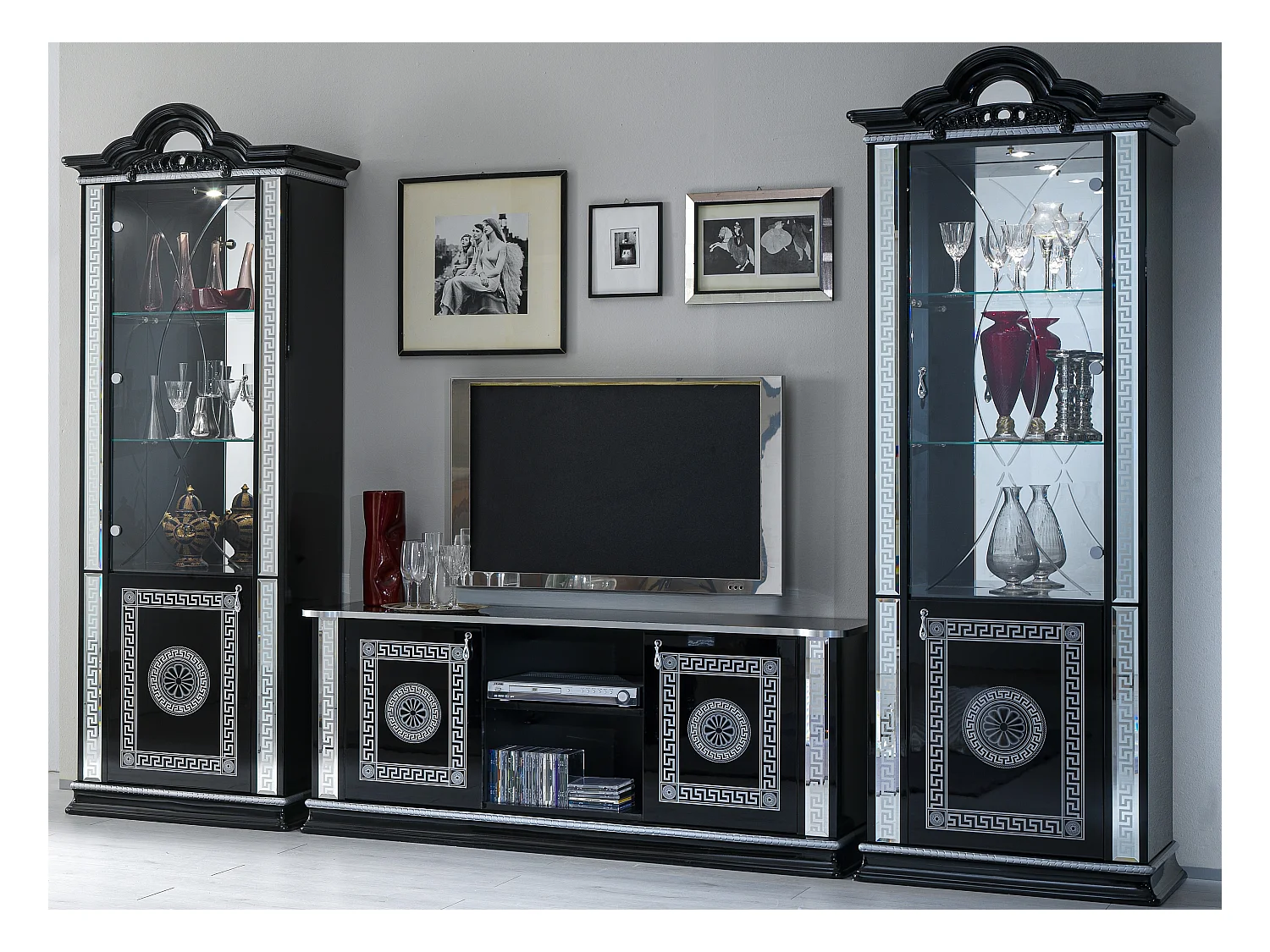 Meuble TV 2 portes 2 niches bois vernis laqué brillant noir et gris Venus 154cm