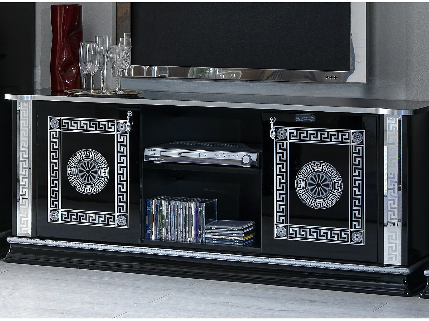 Meuble TV 2 portes 2 niches bois vernis laqué brillant noir et gris Venus 154cm