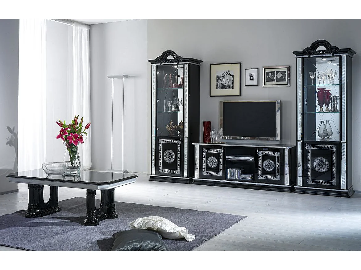 Meuble TV 2 portes 2 niches bois vernis laqué brillant noir et gris Venus 154cm