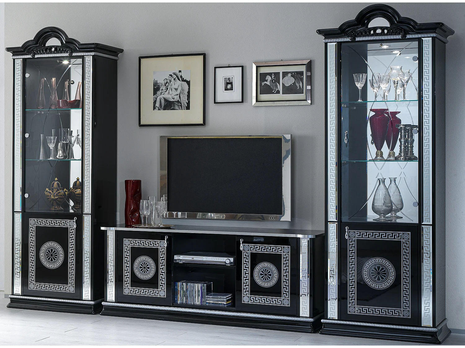 Meuble TV 2 portes 2 niches bois vernis laqué brillant noir et gris Venus 154cm