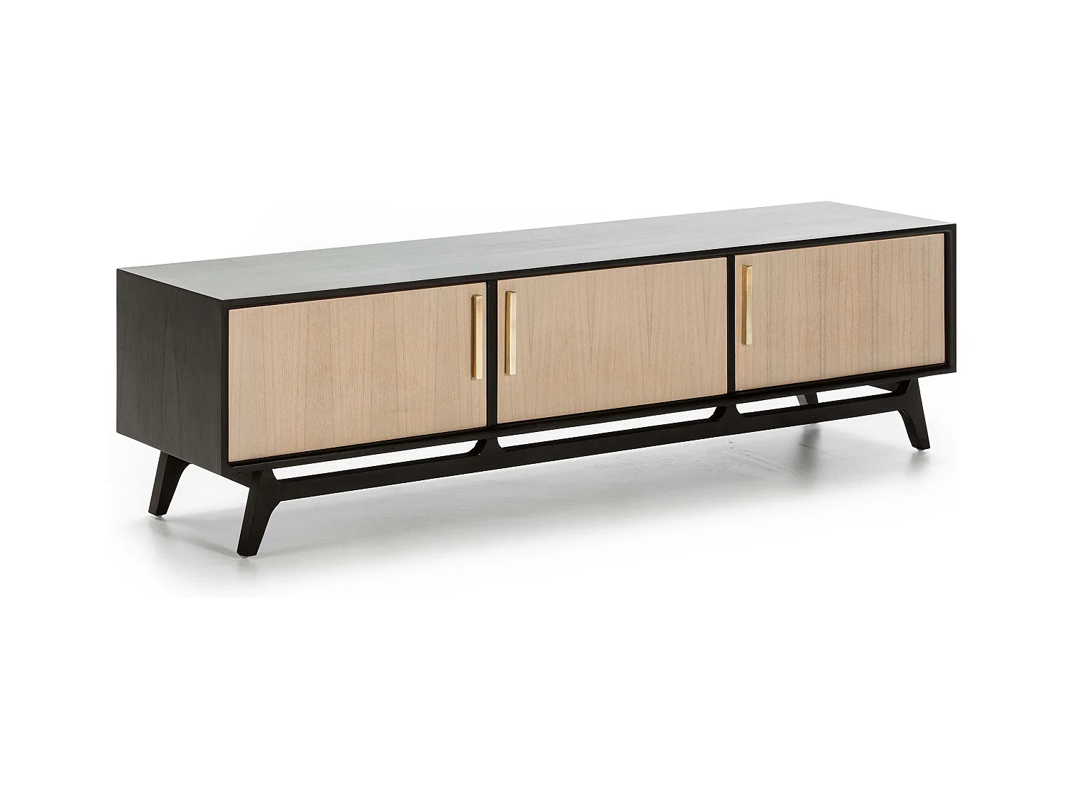 Meuble TV 3 portes bois massif clair et noir 160cm