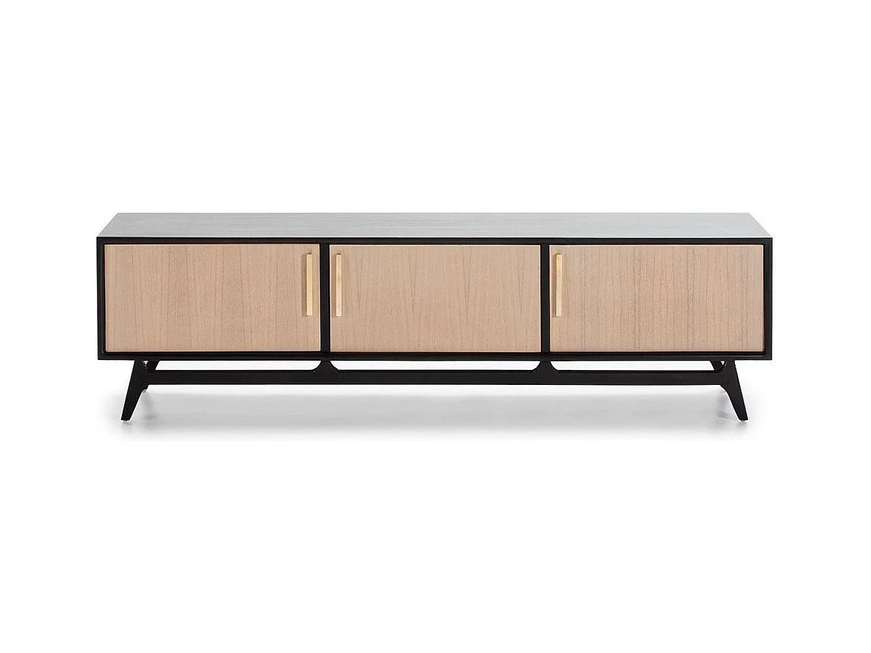 Meuble TV 3 portes bois massif clair et noir 160cm