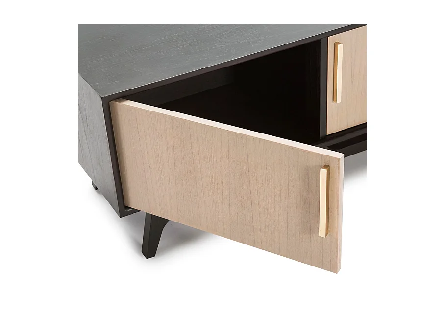 Meuble TV 3 portes bois massif clair et noir 160cm