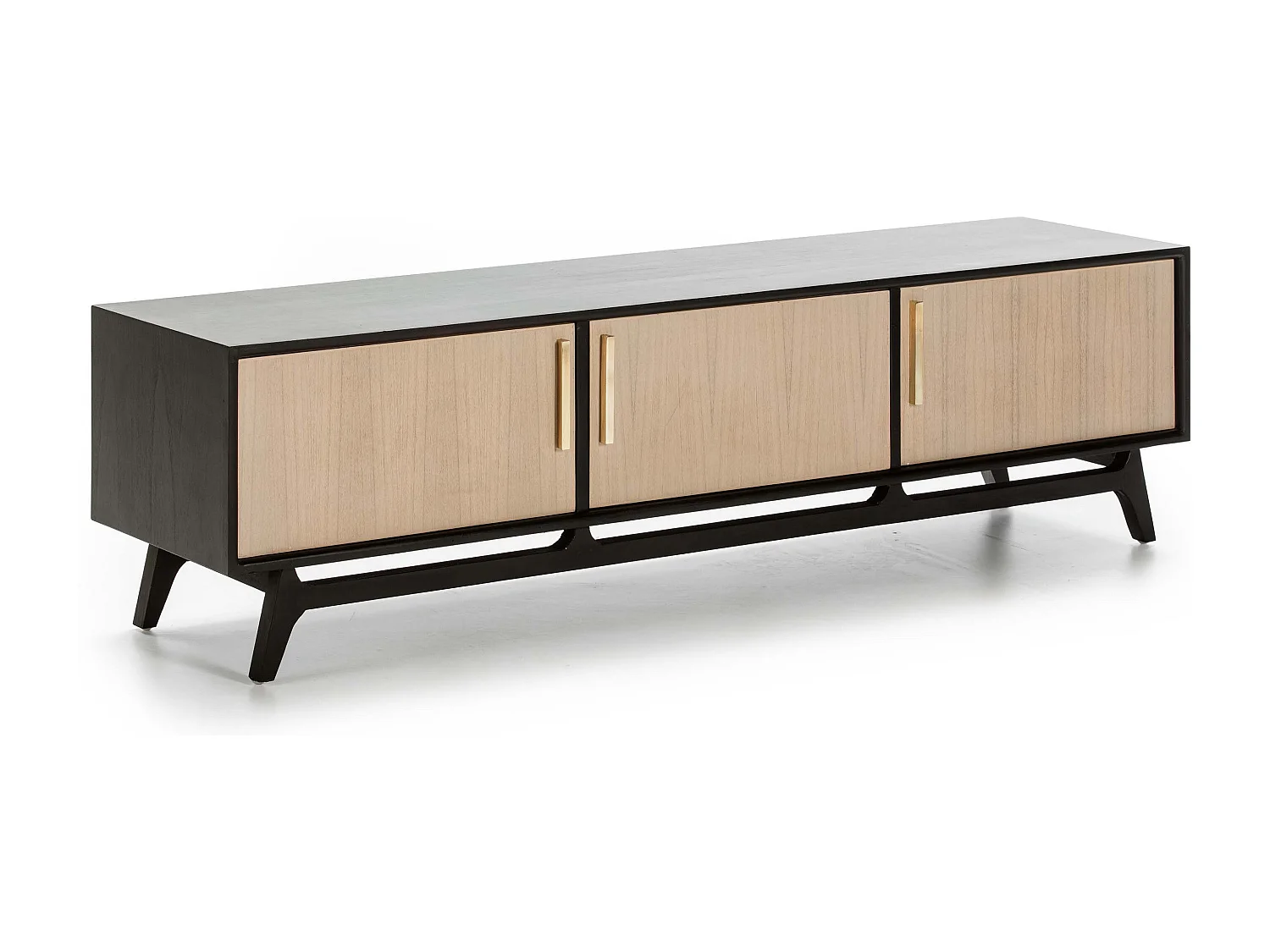 Meuble TV 3 portes bois massif clair et noir 160cm