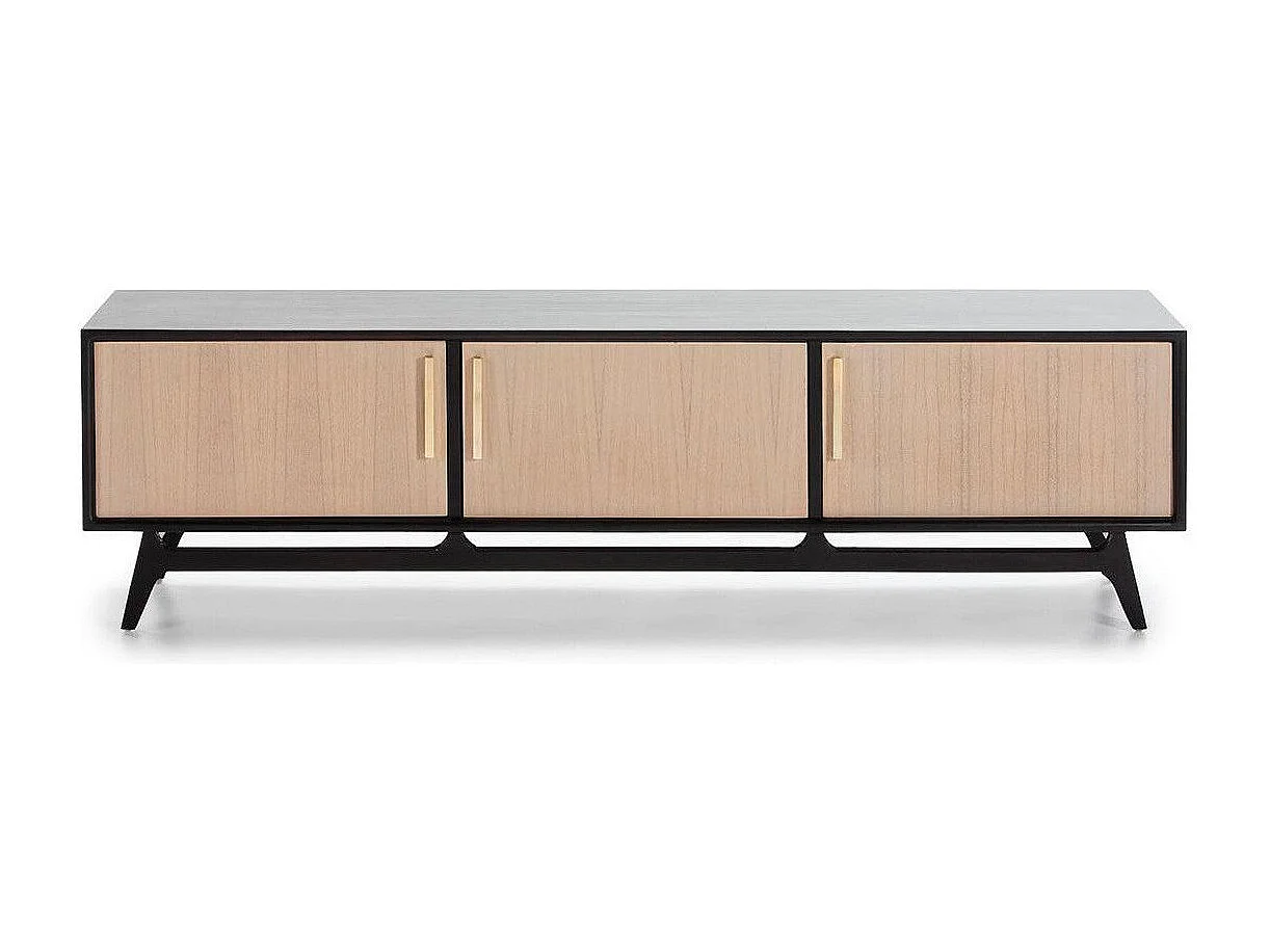 Meuble TV 3 portes bois massif clair et noir 160cm